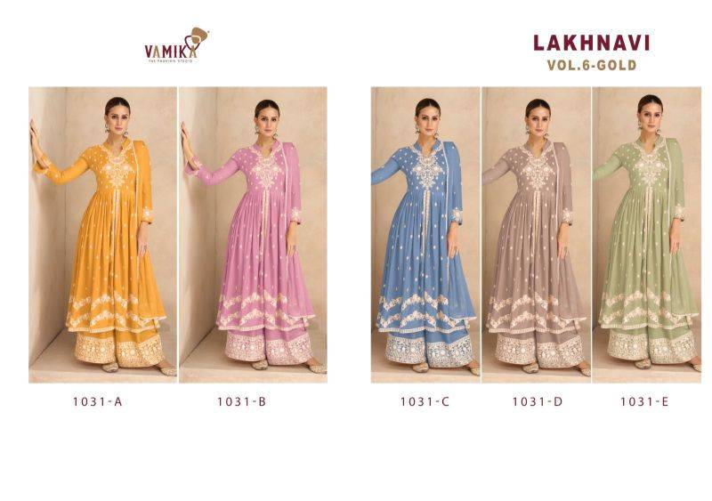 Lakhnavi Vol 6 Gold BY VAMIKA 1031-A To 1031-E Series Beautiful Stylish Sharara Suits Fancy Colorful Casual Wear & Ethnic Wear & Ready To Wear Pure Rayon Printed Dresses At Wholesale Price